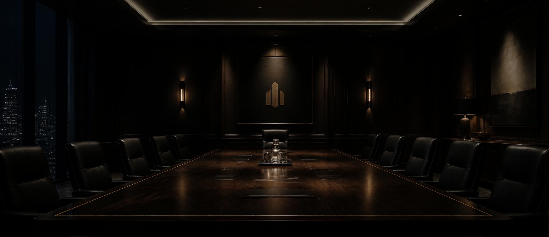 Dimly lit corporate boardroom prepared for a confidential negotiation